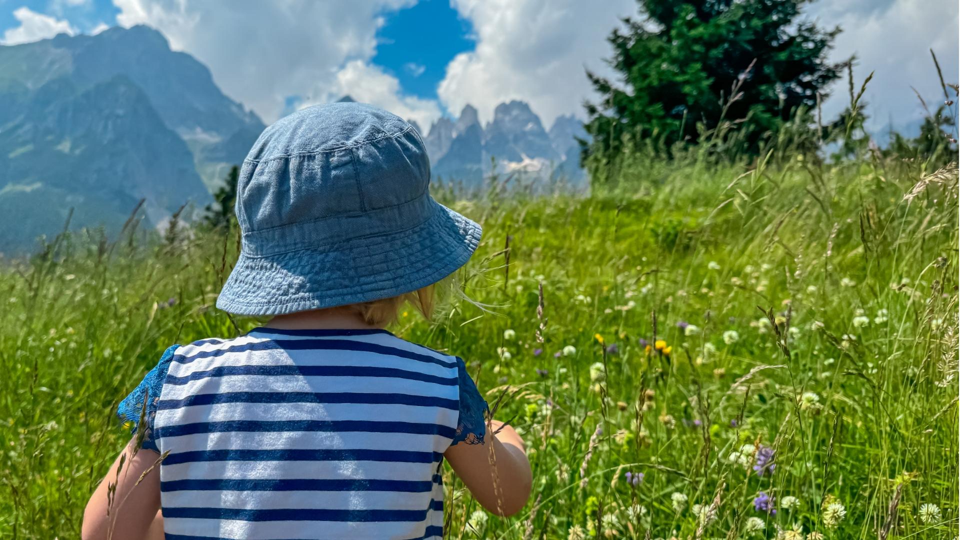 Bambino con cappello blu in un prato di montagna, circondato da fiori e natura.