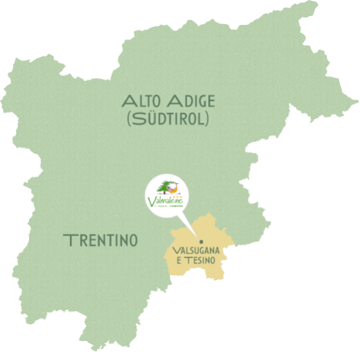 Mappa del Trentino-Alto Adige evidenziando la zona Valsugana e Tesino.