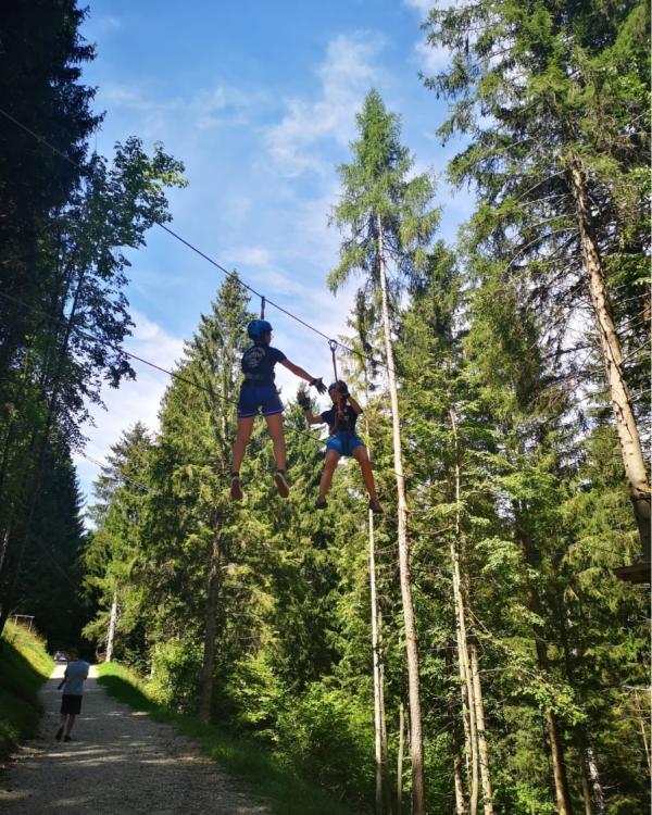 Due persone su una zip line in una foresta, vista dal basso.