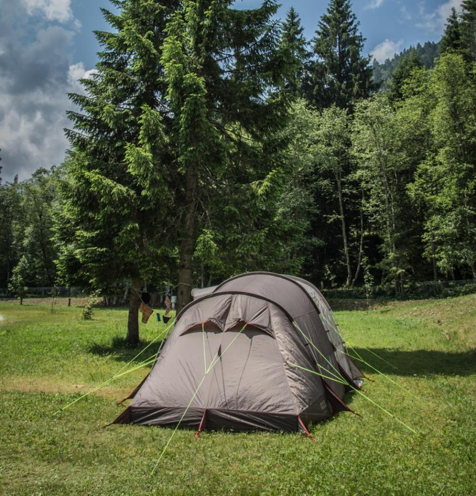 Tenda da campeggio in mezzo al verde, circondata da alberi.